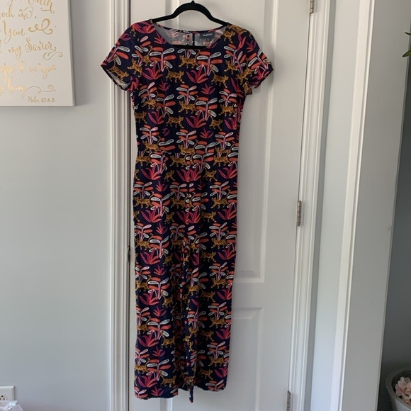 ModCloth Cat floral Print Jumpsuit size S‎ navy pockets linen navy summer party - Picture 2 of 14